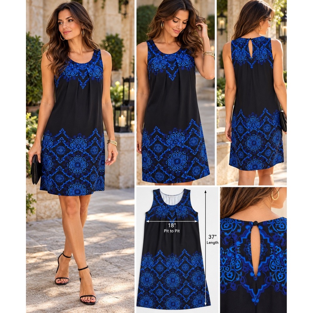 White House Black Market Dress M Blue Black Medallion Shift Date Night Cocktail